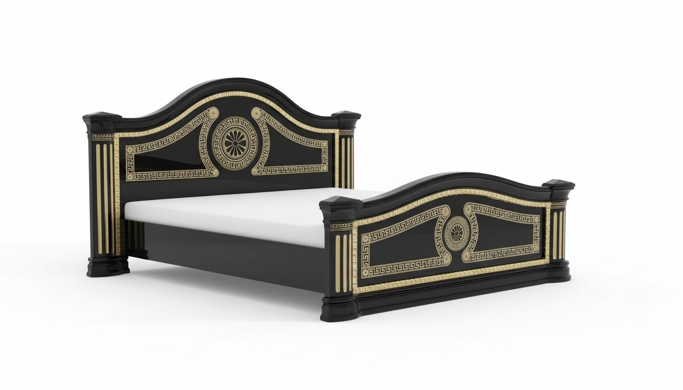 Empire style bedroom set of massive marriage double bed & 2x-bedside tables made of gloss wooden frame