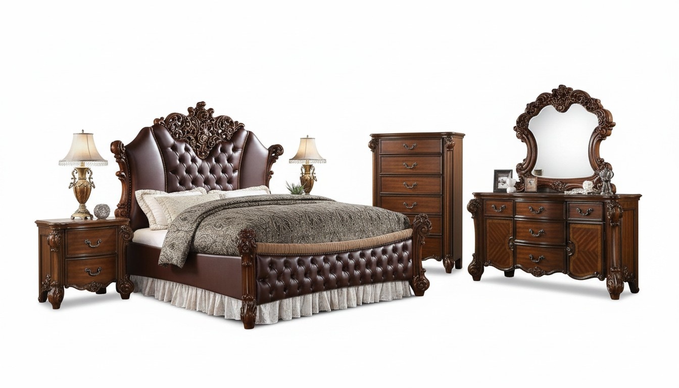 Baroque style chesterfield design massive royal leather double bed made of real wooden frame