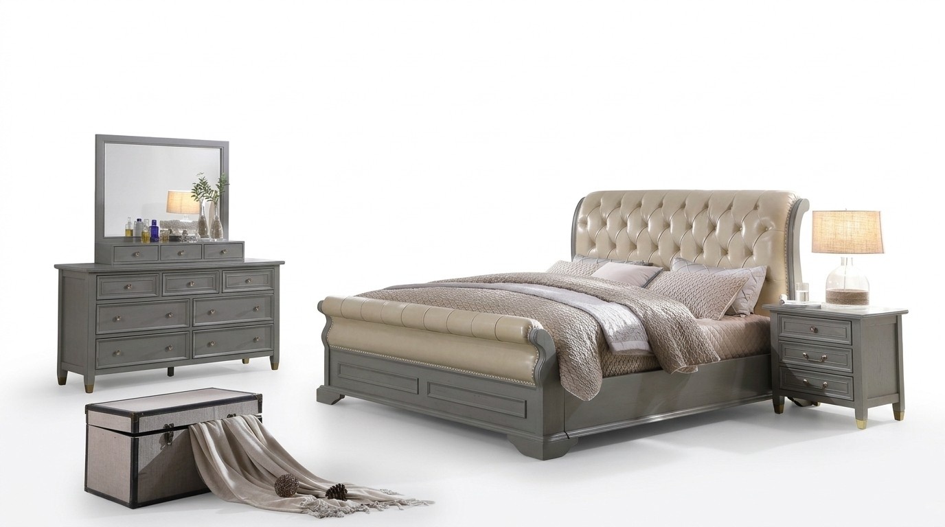 Bed pillow design luxury wood double beds wedding hotel beds bedroom leather gray