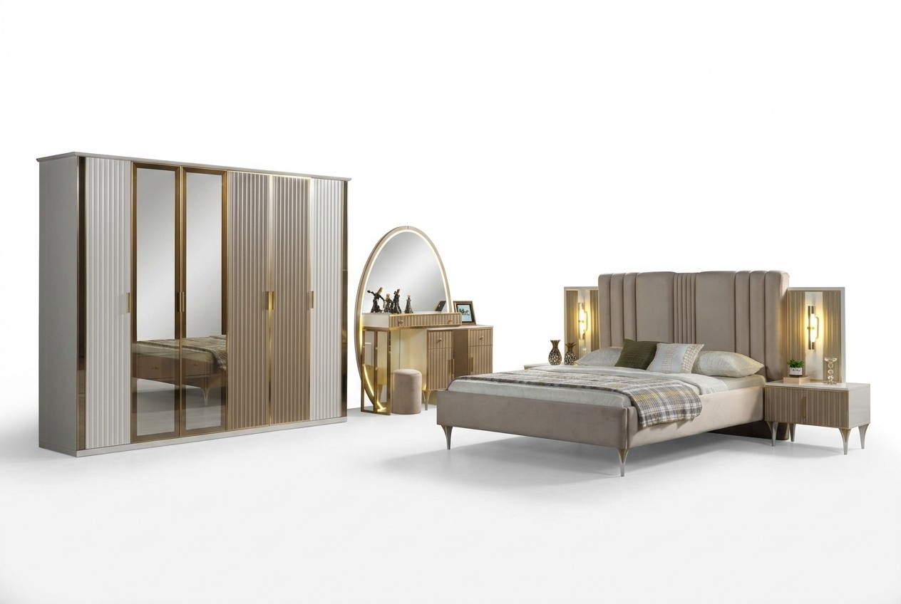 Bed with Nightstands Bedroom Set 6-Piece Modern