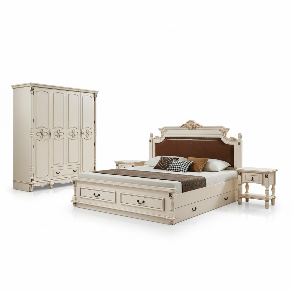 Bedroom 2x Nightstand Wood Designer Bed Luxury Classic Furniture 3pcs Set