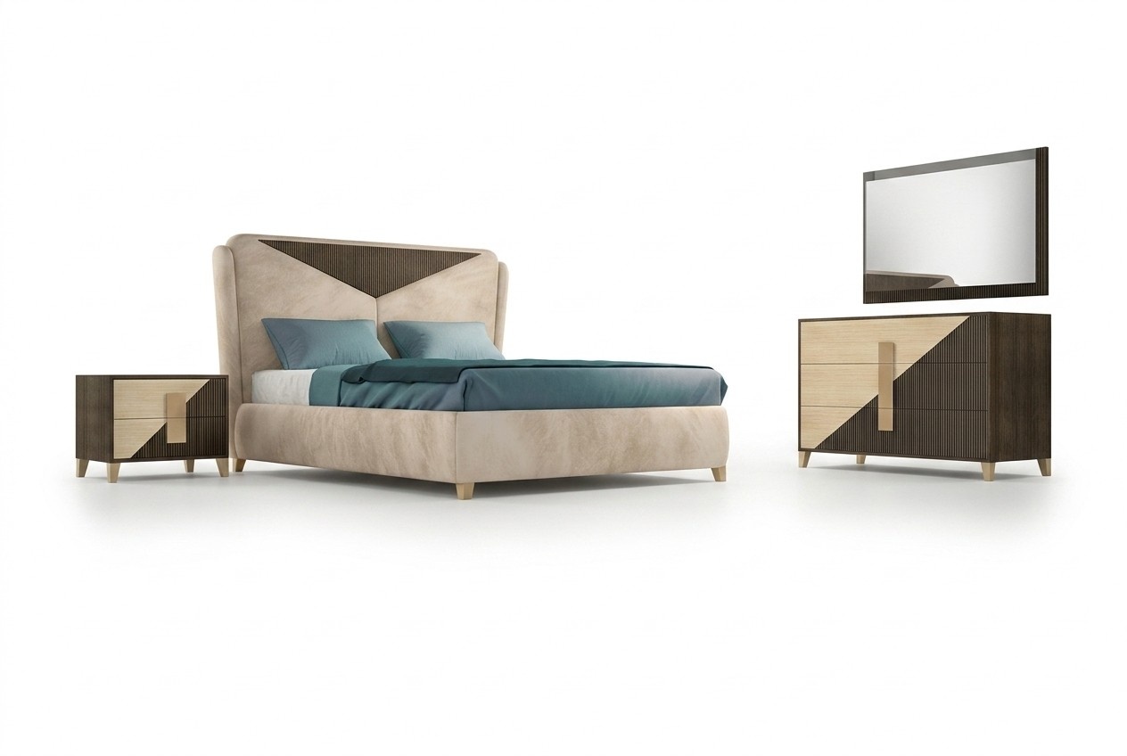 Bedroom 3 pieces set bed 2x bedside tables console beds double hotel upholstery