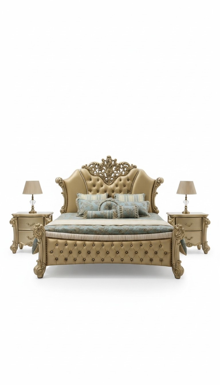 Baroque style made of real wooden set of chesterfiel double bed & 2x-bedside tables