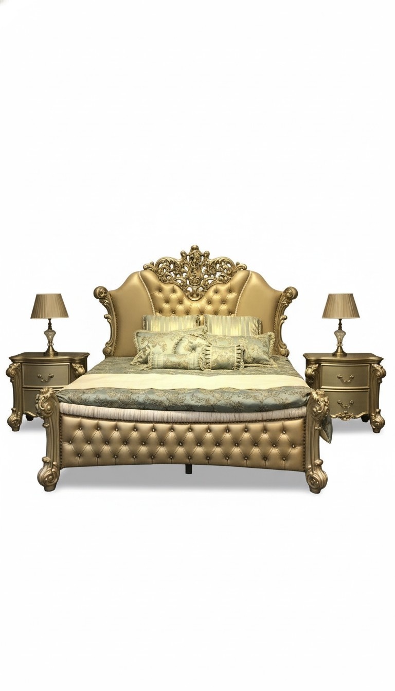 Baroque style made of real wooden set of chesterfiel double bed & 2x-bedside tables