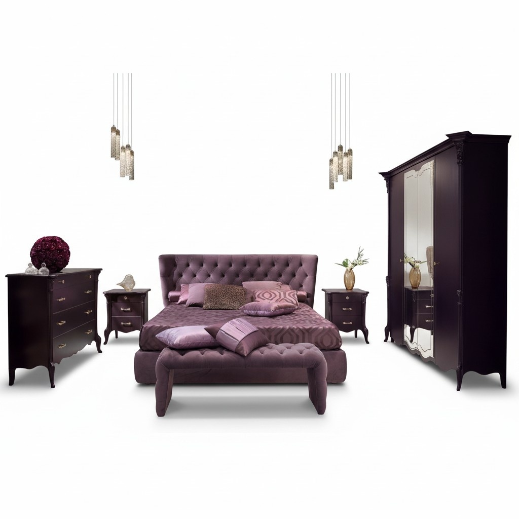 Bedroom 3 pieces set bed 2x bedside tables console beds double hotel upholstery