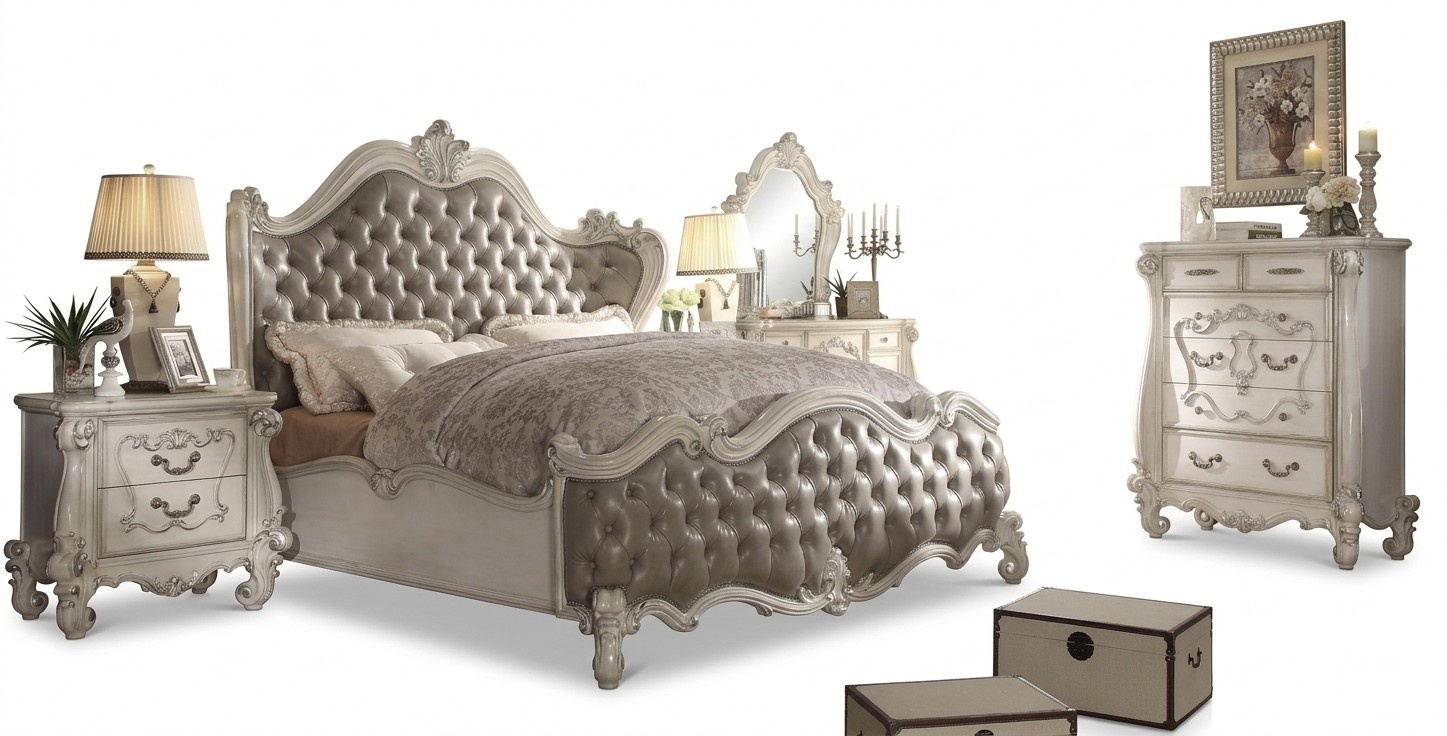 Classic rococo style chesterfield design bedroom set of double bed & 2x-bedside tables