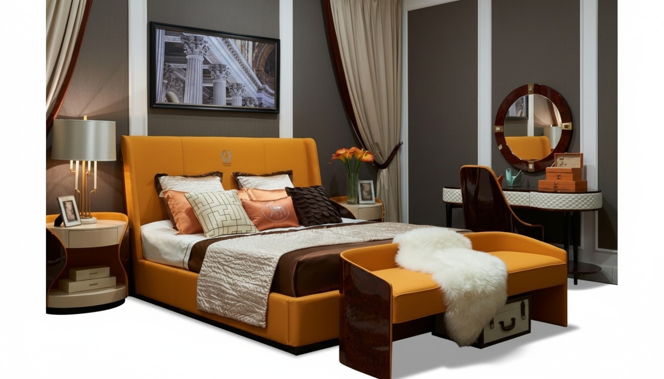 Bedroom 7pcs Set Luxury Furniture Bed Stool Mirror Bedside Table Bedsteads