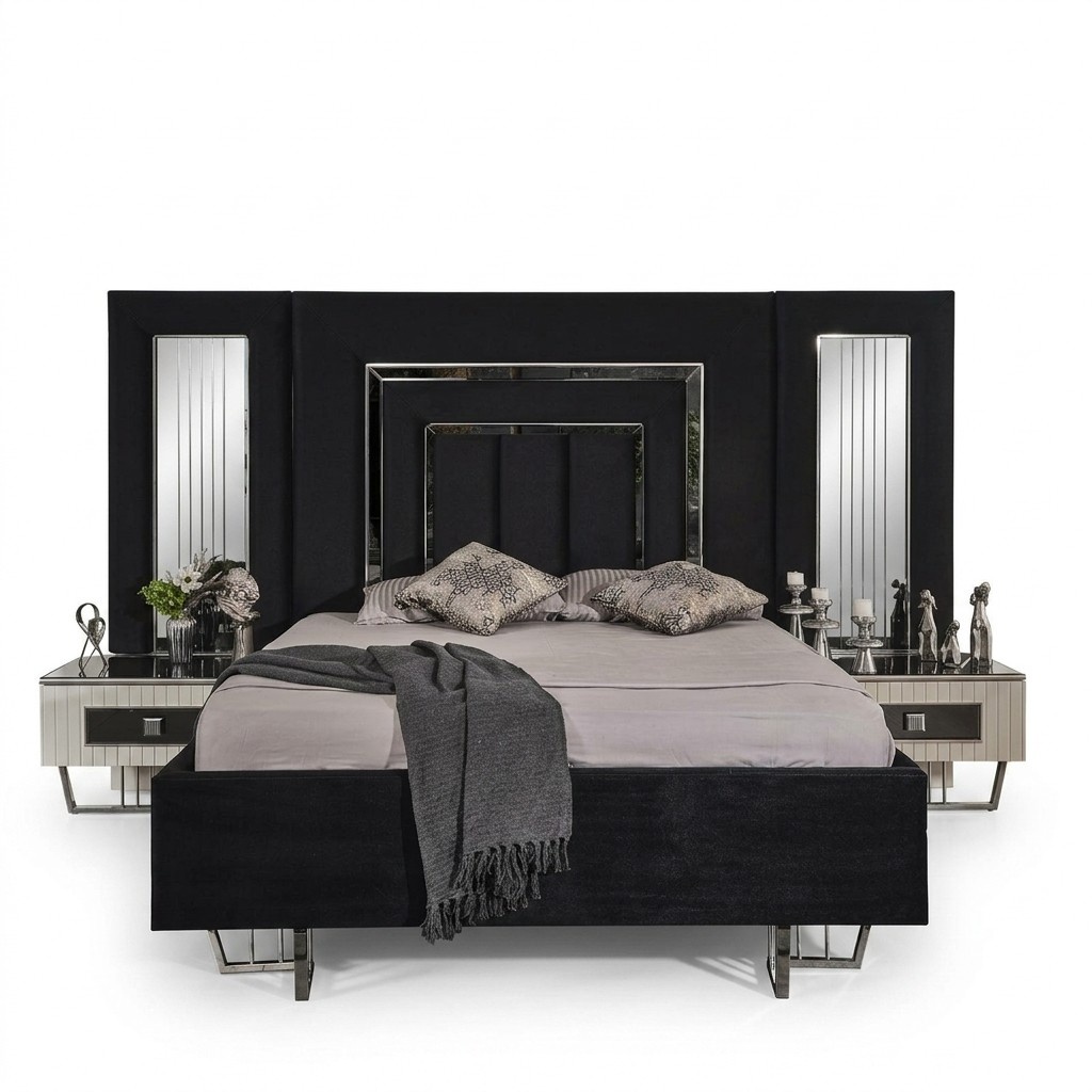 Bedroom bed 2x bedside tables luxury bed set complete design furniture 3 pieces.