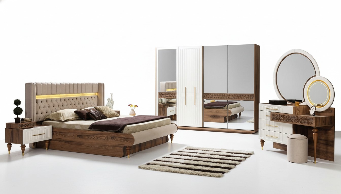 Bedroom bed 2x bedside tables 5pc set complete design furniture luxury