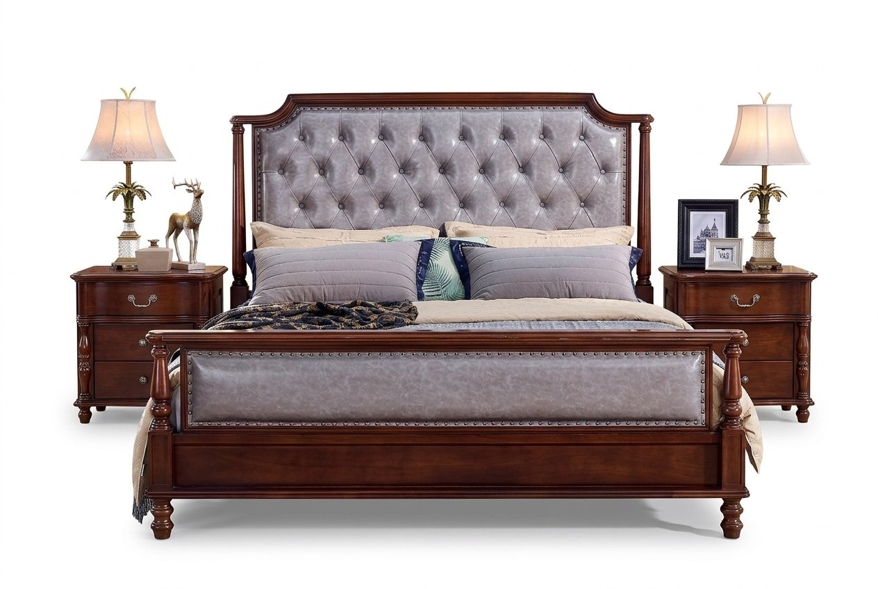 Bedroom Bed Nightstand Beds Wood Group Double Design Set 3pcs.