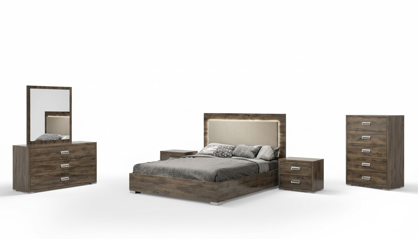 Bedroom Bed Nightstand Dresser Mirror Set Group Modern Set 6pcs.