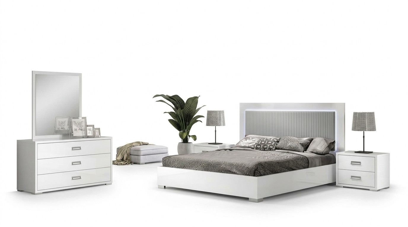 Bedroom Bed Nightstand Dresser Mirror Set Group Wood White Set 6pcs.