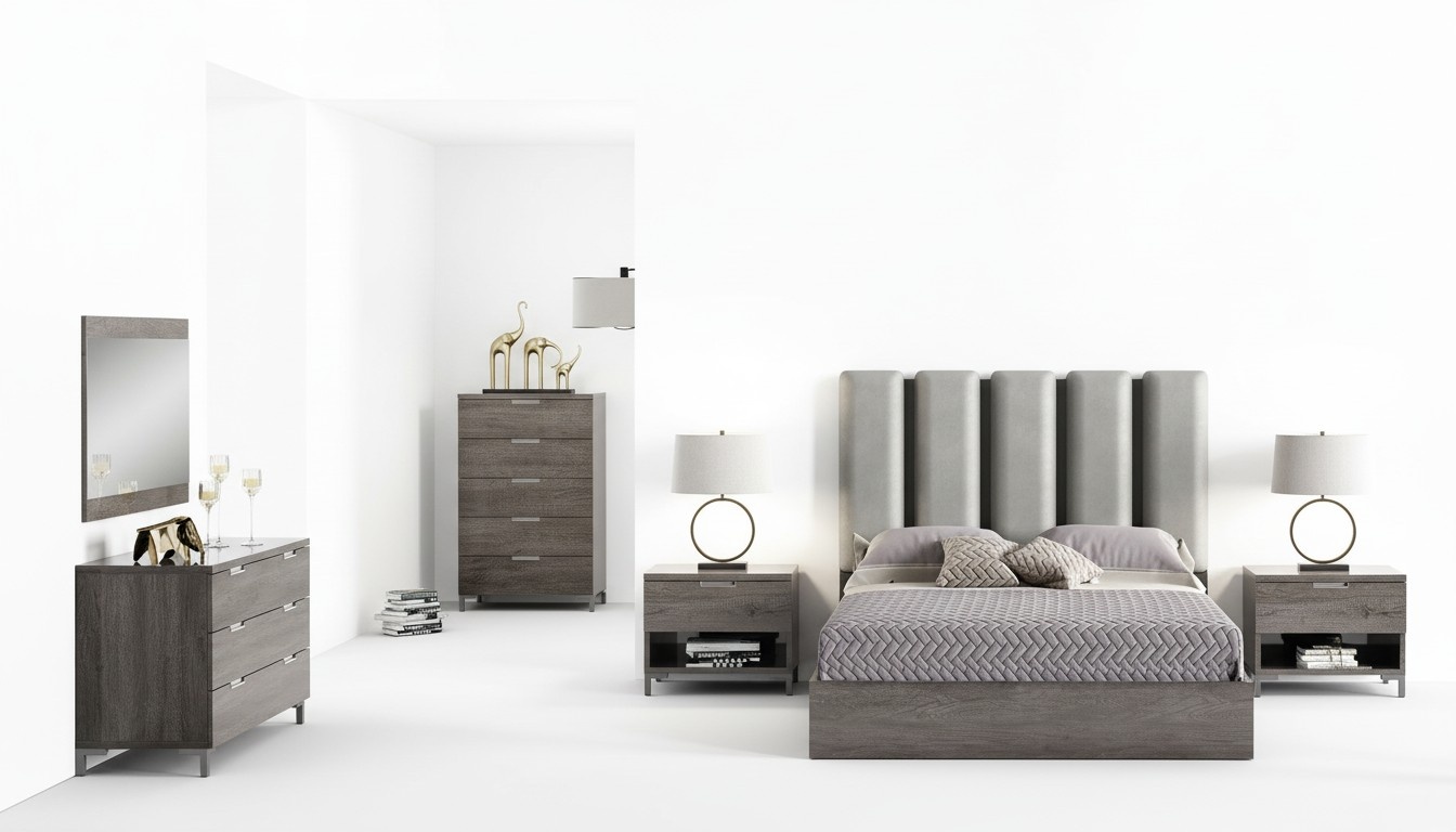 Bedroom Bed Nightstand Chest of Drawers Mirror Upholstered Bed Double Bed Set 6pcs.