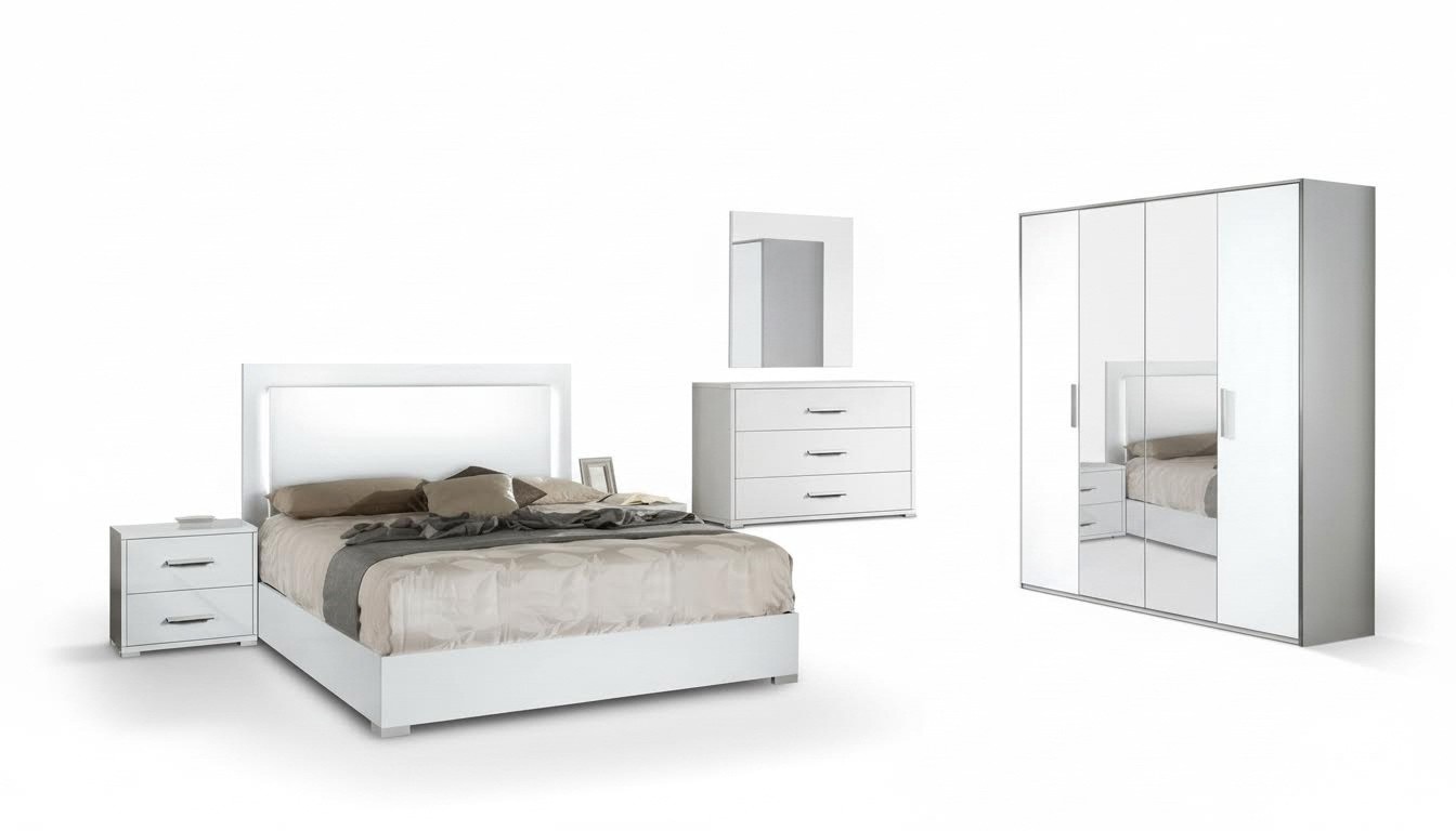 Bedroom Bedside Table Wardrobe Chest of Drawers Mirror Modern White Set 6tlg
