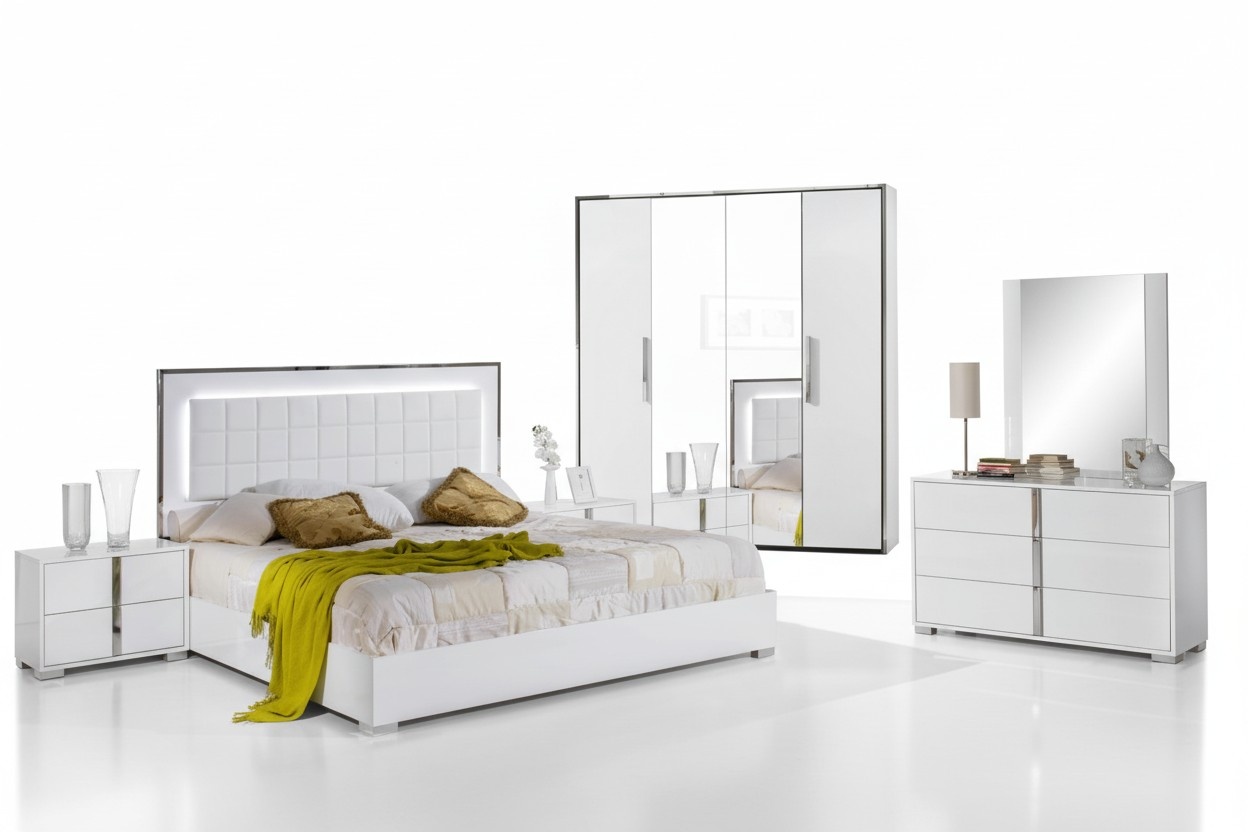 Bedroom Bed Nightstand Wardrobe Chest of Drawers Mirror Double New Set 6pcs.