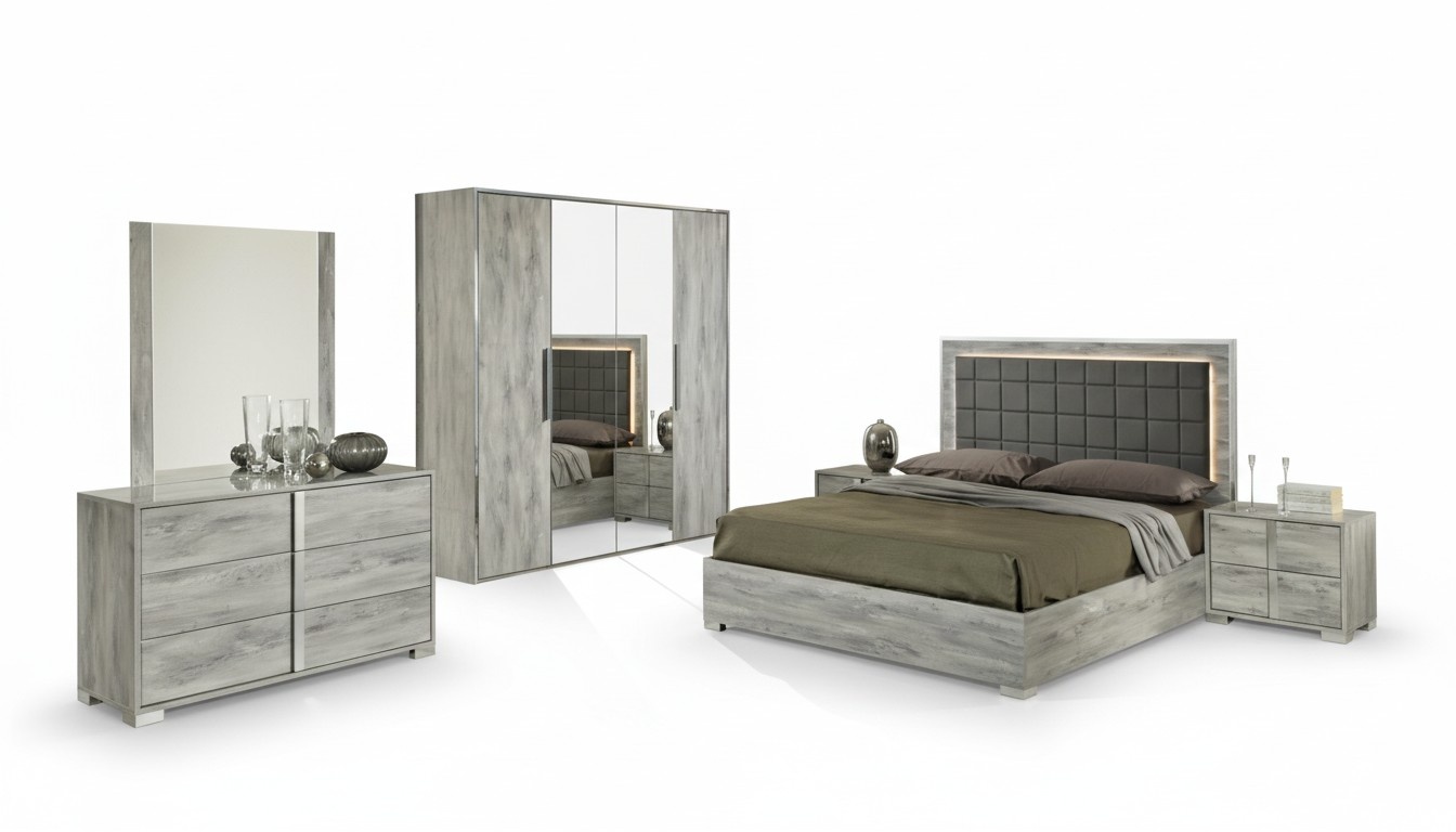 Bedroom Bed Nightstand Wardrobe Chest of Drawers Mirror Double Wood Set 6pcs