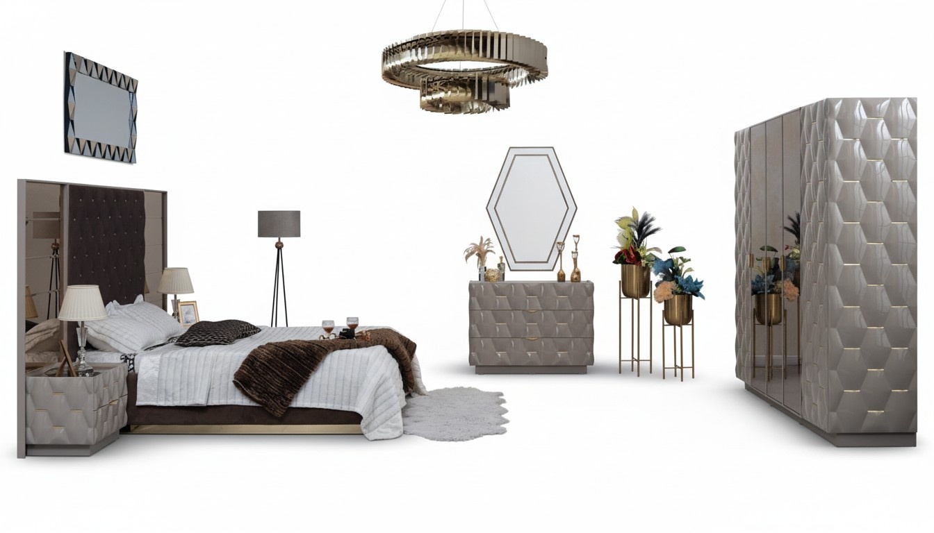 Bedroom Bed Nightstand Wardrobe Chest of Drawers Mirror 6pcs