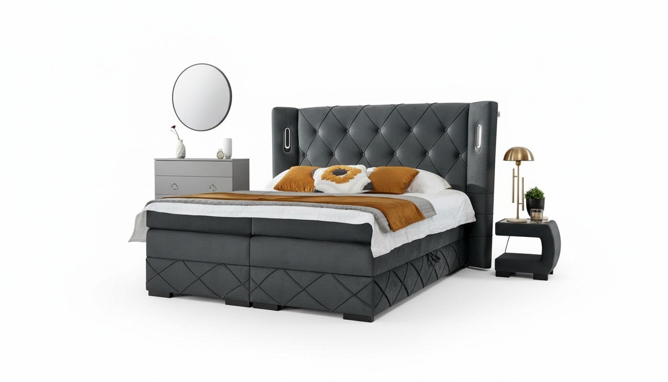 Bedroom bed double textile beds upholstery complete 2x bedside tables wood