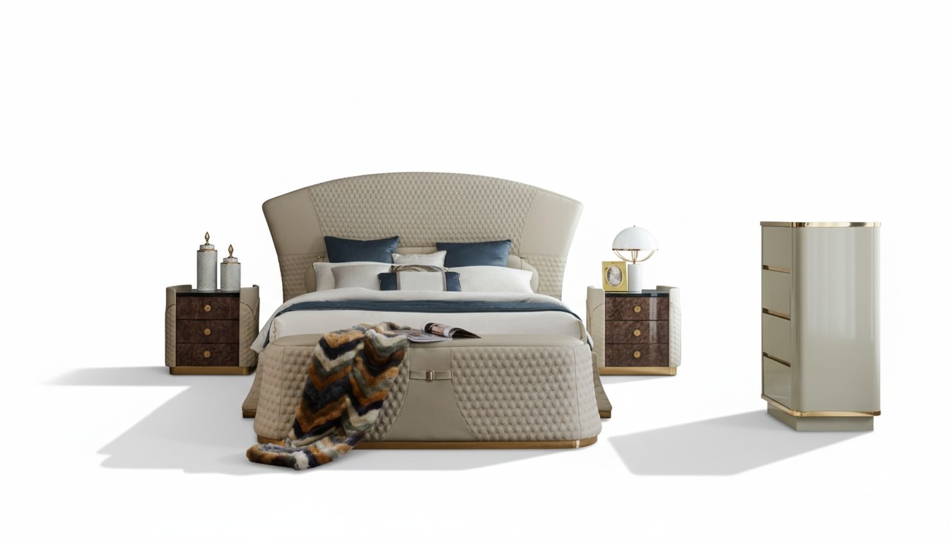 Bedroom Bed Stool 2x Bedside Table Complete Sets Leather Furniture Room 4pcs.