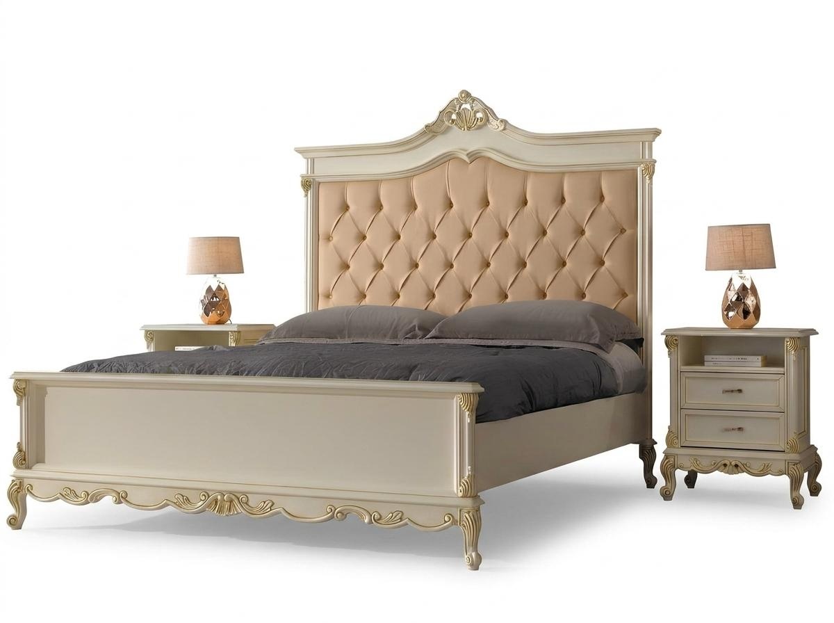 Classic rococo style bedroom set of chesterfield design double bed & 2x-bedside tables made of real wooden frame