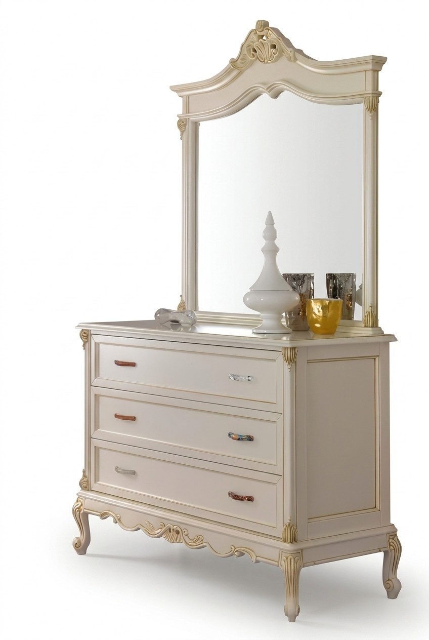 Classic rococo style set of dresser & mirror with 3-sliding drawers made of real wood