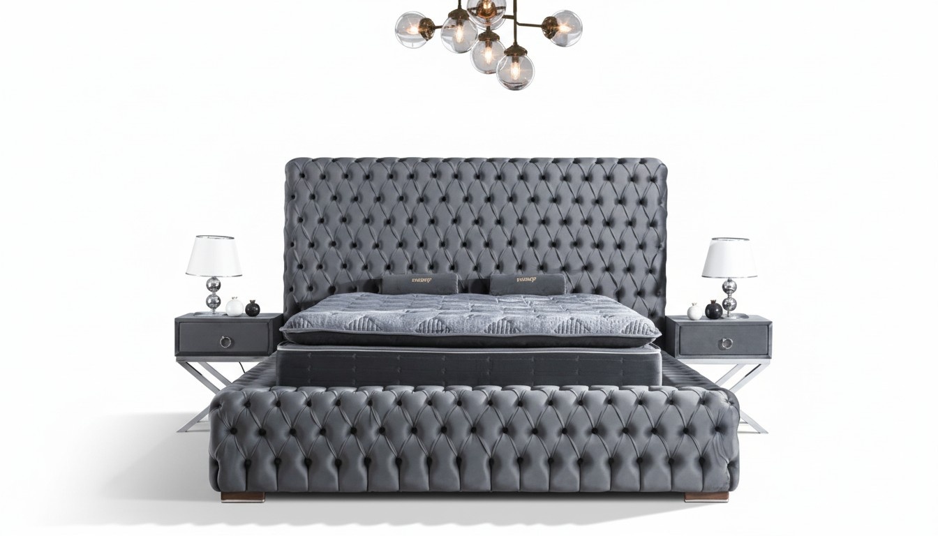 Bedroom Chesterfield bed 3pcs. 2x bedside tables velvet with mattress