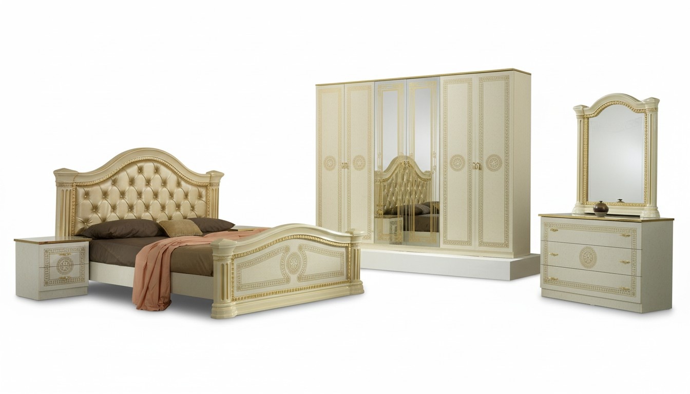 Bedroom Chesterfield leather bed 6 pieces design furniture set bedside chest of drawers