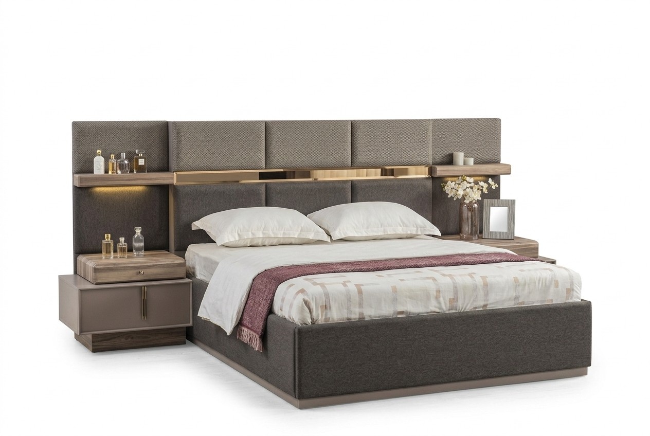 Bedroom Complete double bed Bed Bedside tables Console 6 pcs Grey