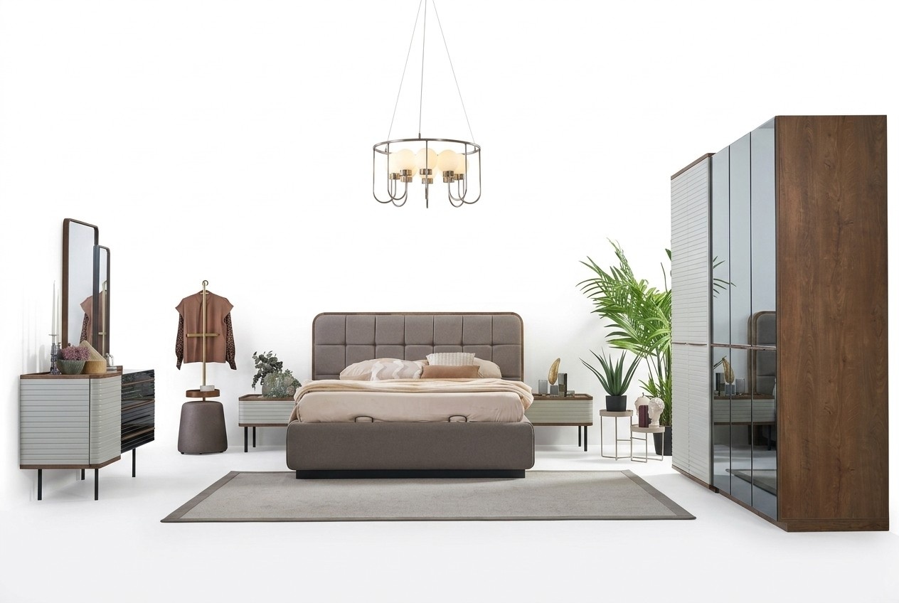 Bedroom Complete Set 5-Piece Double Bed Brown Wood Bed Bed Frame