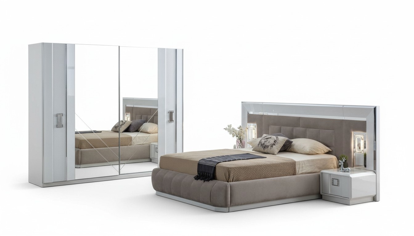 Bedroom complete set bed 2x bedside table wardrobe new design 4 pcs.