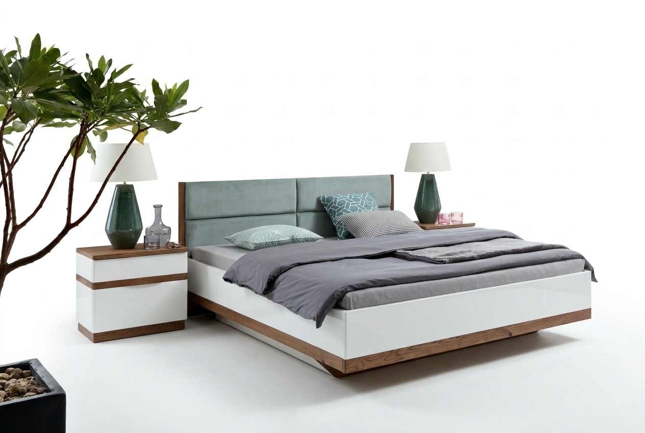Bedroom designer bed 2 nightstands luxurious complete furnishings.