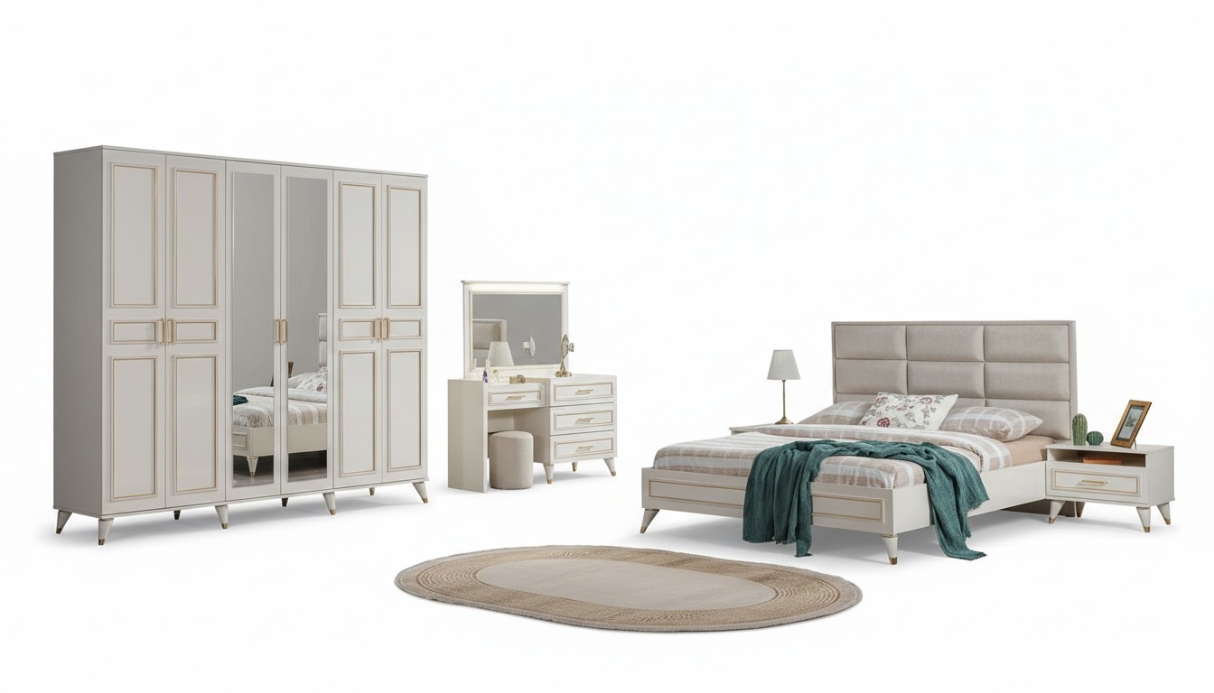 Bedroom Designer double bed Luxury dressing table Elegant stool 7 pcs