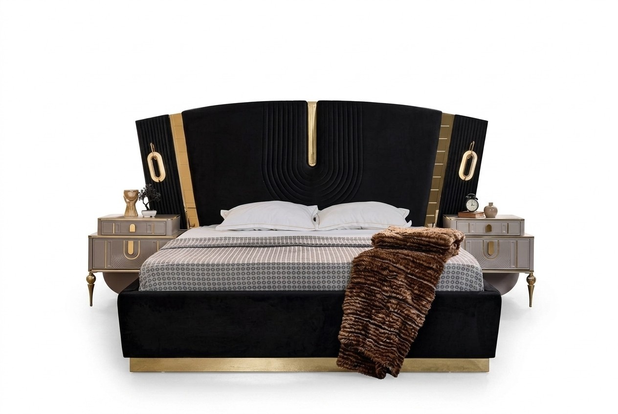 Bedroom double bed set bedside tables 3-piece luxury black