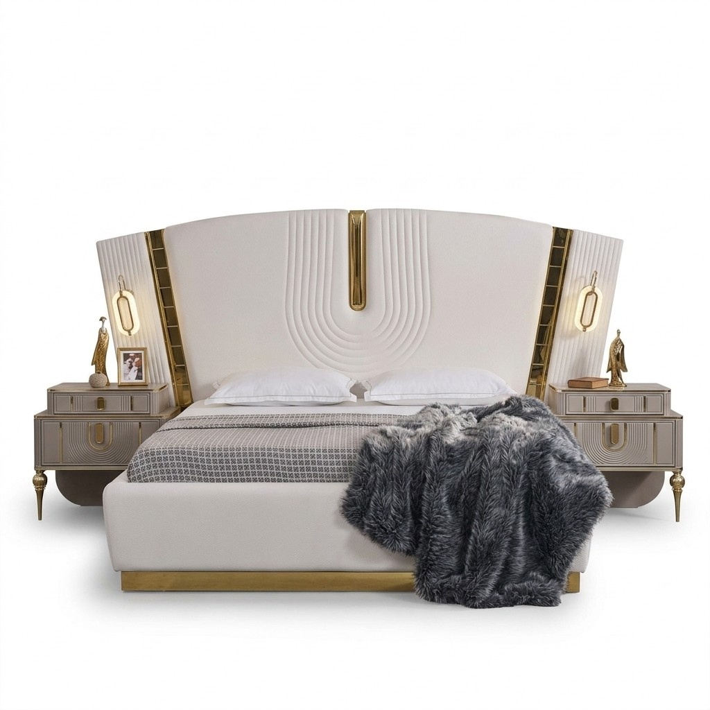 Bedroom double bed set bed bedside tables white 3-piece luxury