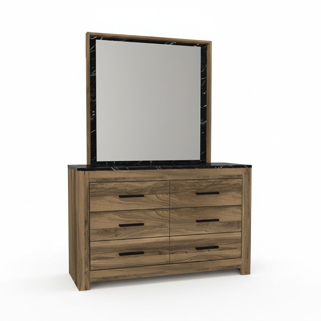 Bedroom chest of drawers with mirror, modern style, elegant furniture, brown wooden furniture.