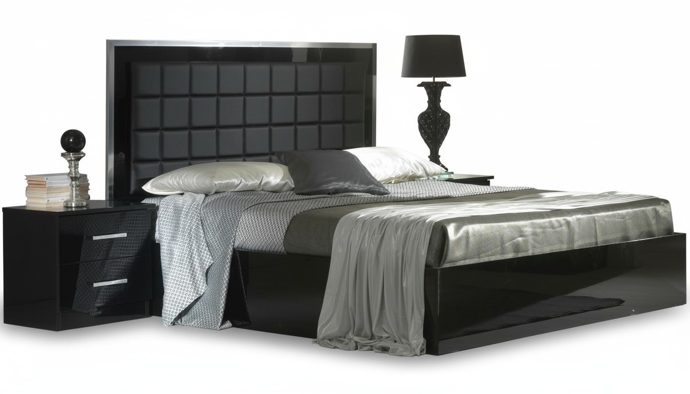 Modern style made of real wooden bedroom set of double bed & gloss bedside table