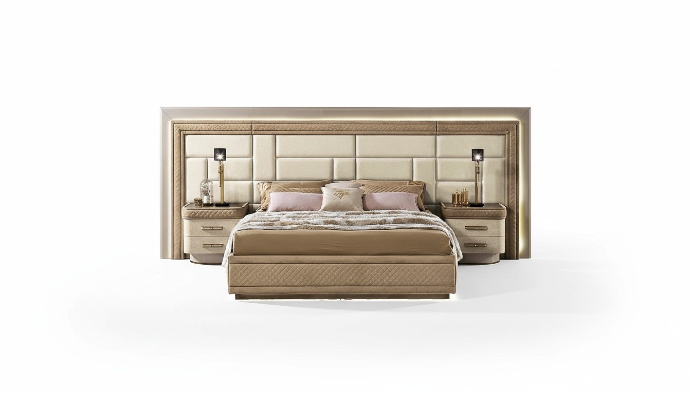 Bedroom furniture bed solid beige Italian furniture beds wood double bed