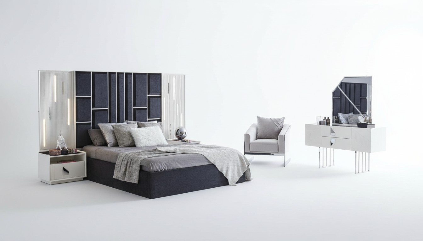 Bedroom furniture nightstand upholstered bed vanity complete set 5 pieces