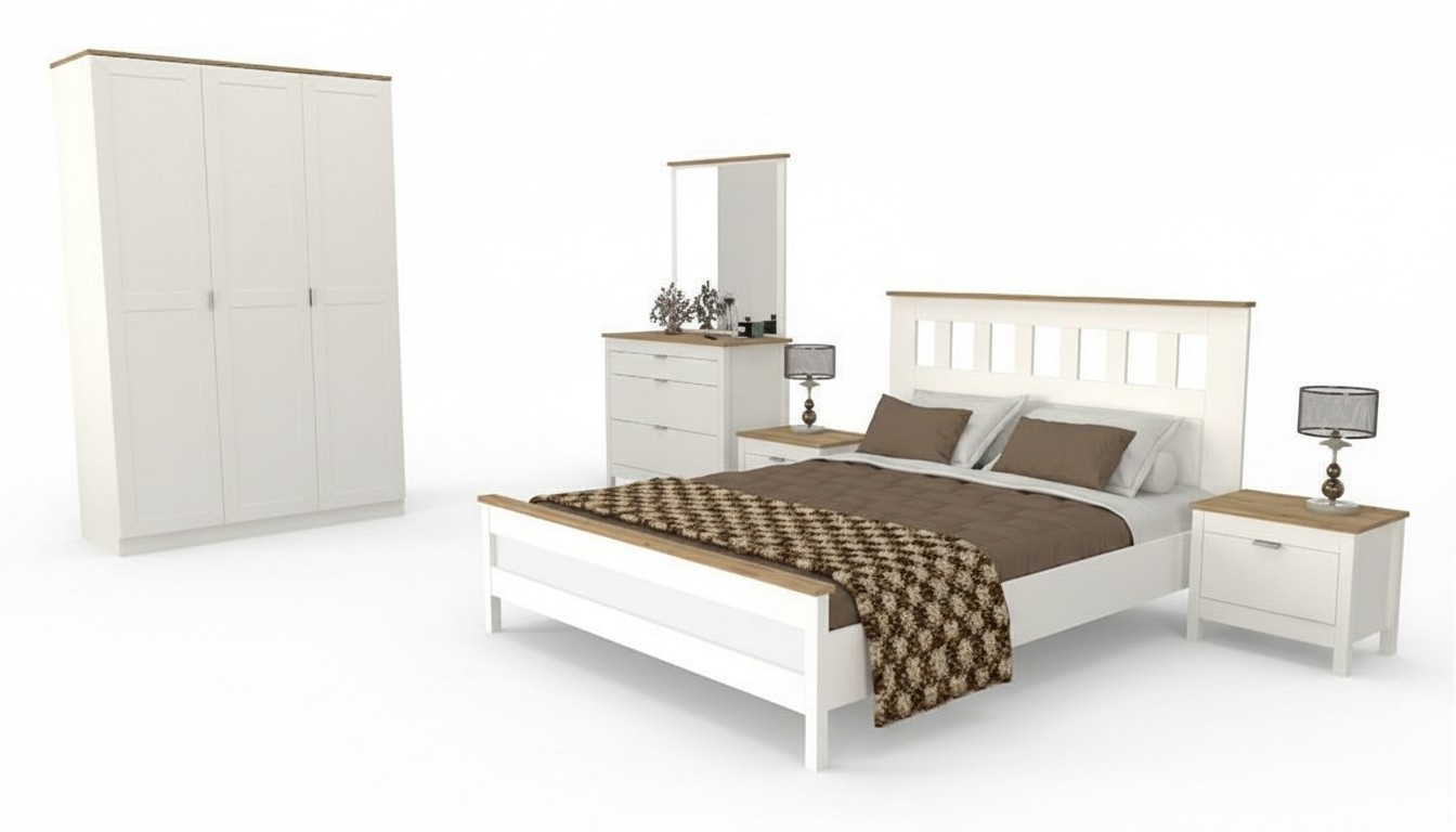 Bedroom furniture complete set bed 2x nightstands cabinet white 5 pieces.