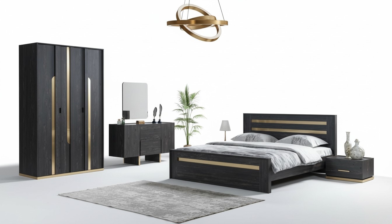 Bedroom furniture complete set bed 2x bedside tables wardrobe brown 5-piece