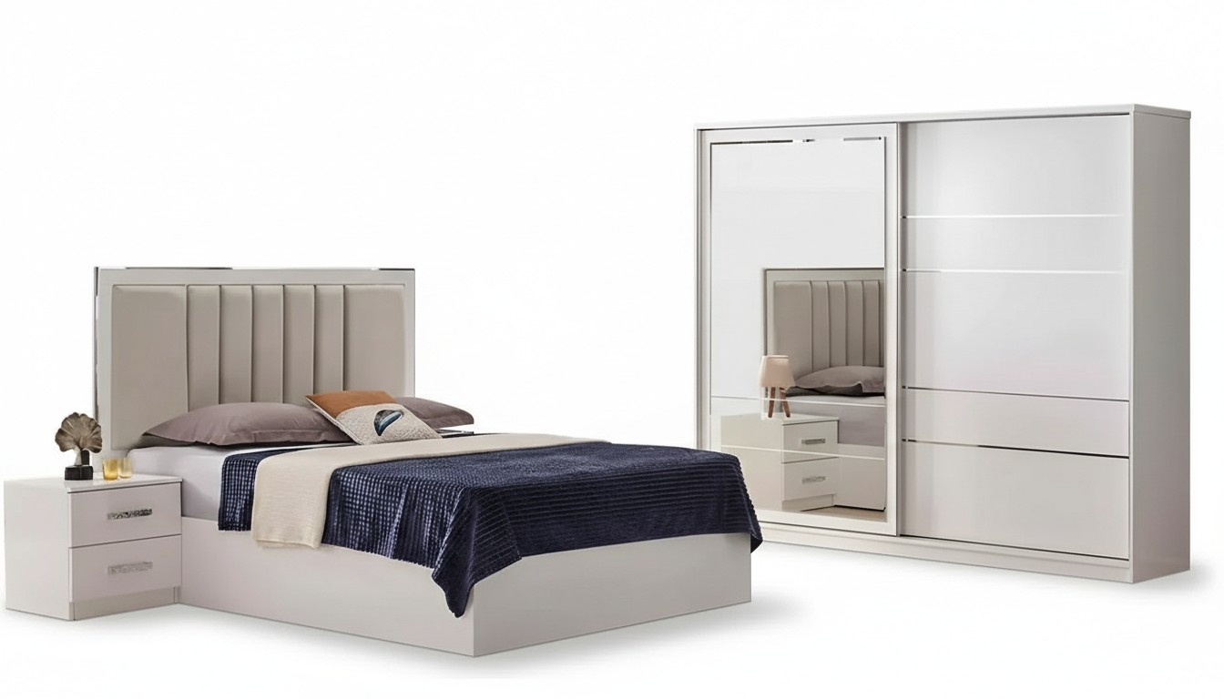 Bedroom furniture double bed nightstands complete 4-piece wardrobe beige