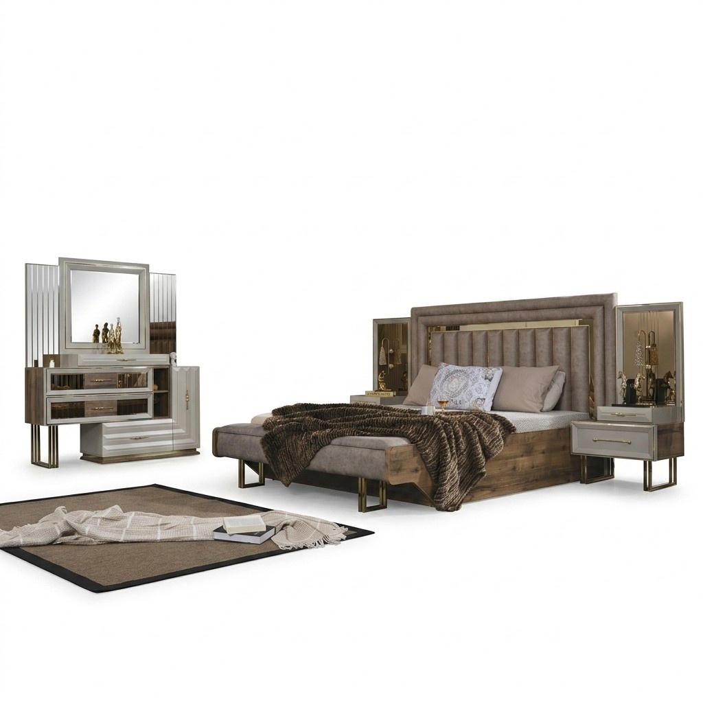 Bedroom furniture double bed bedside tables console beige 4-piece luxury