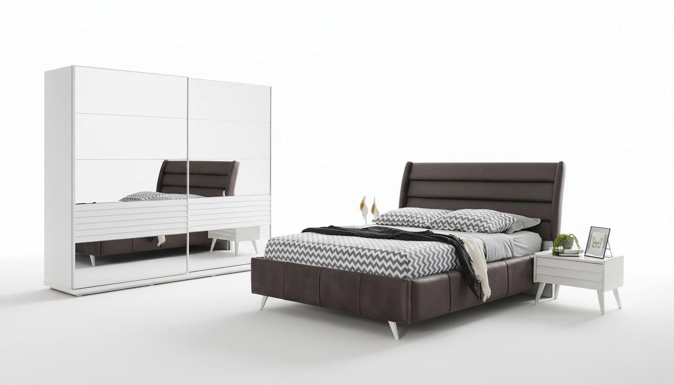 Bedroom furniture glass wardrobe designer double bed wood bedside tables 4 pcs