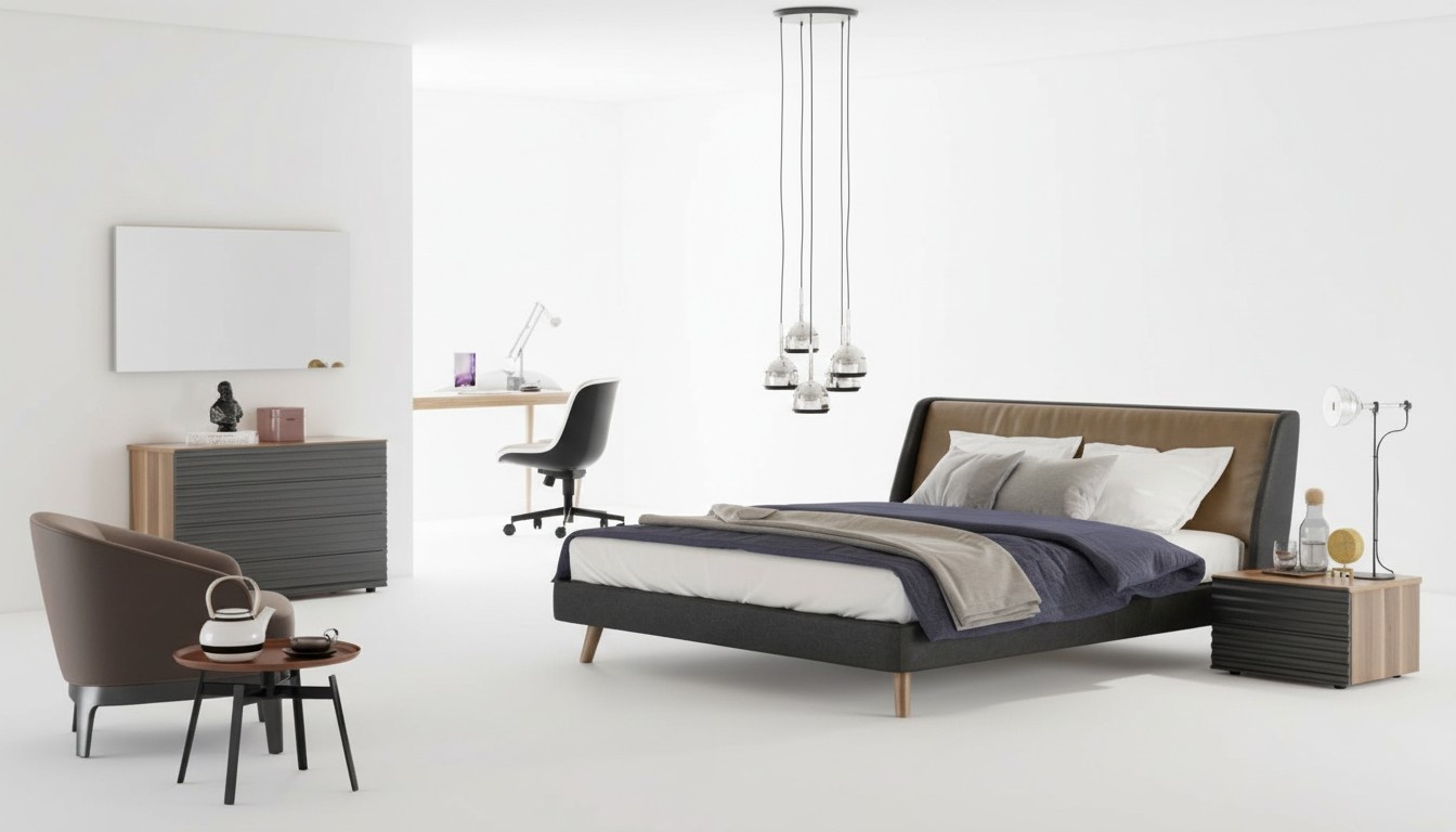 Bedroom set Bed frame Bedside tables Chest of drawers Mirror Wooden furniture