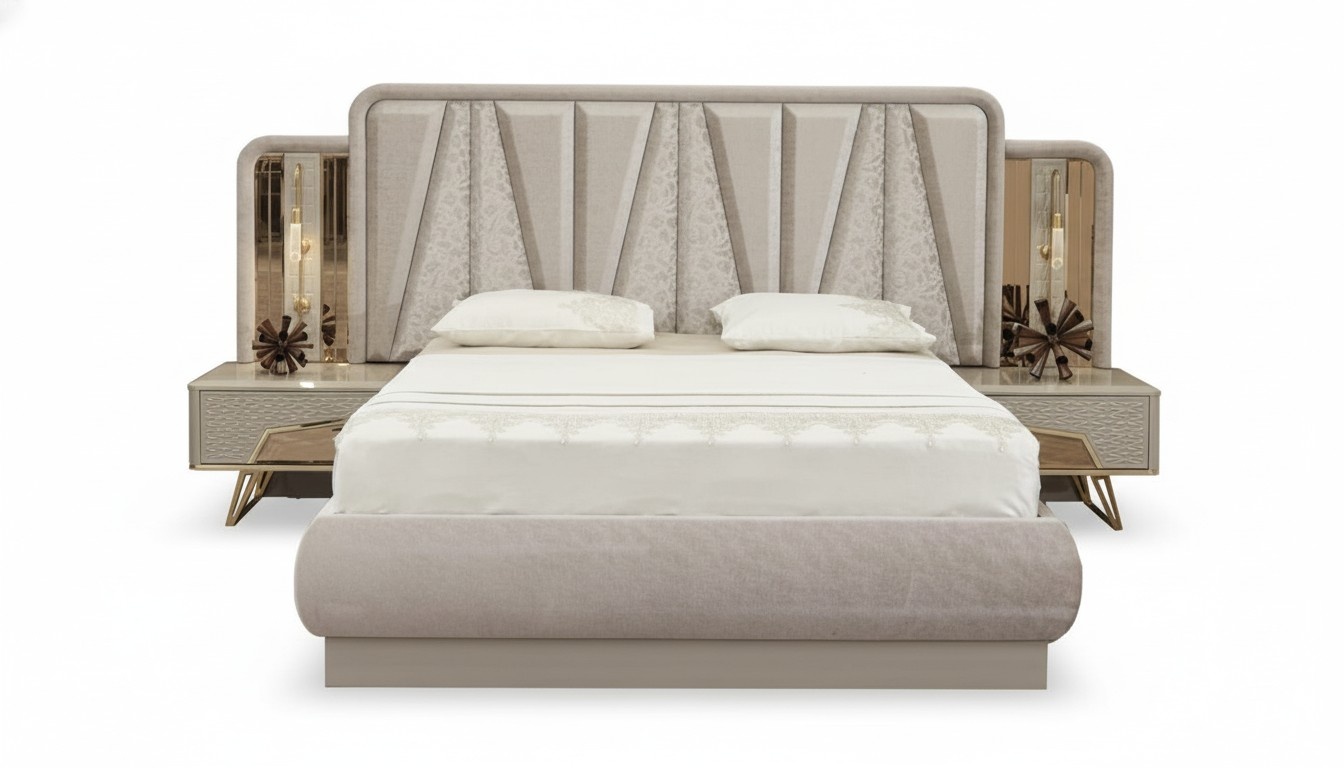 Bedroom furniture upholstered bed set bed 2x nightstands guest room 3-piece