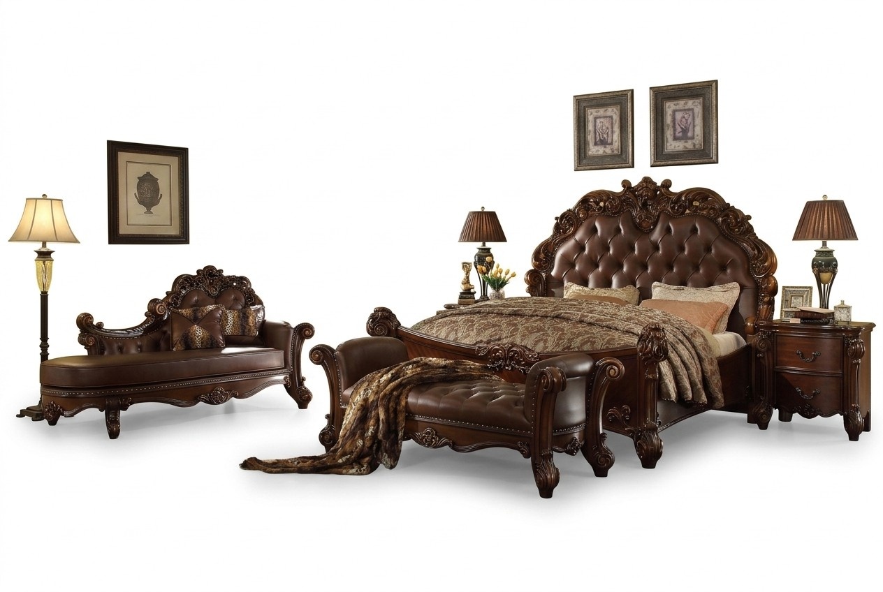 Bedroom leather bed bedside tables 5 pieces complete set beds wood Chesterfield