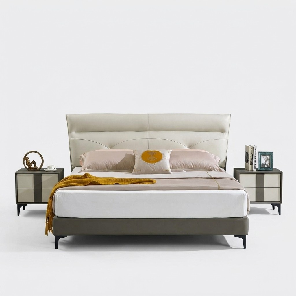 Bedroom Leather bed Complete bed Bedside tables 3-piece set Hotel sets