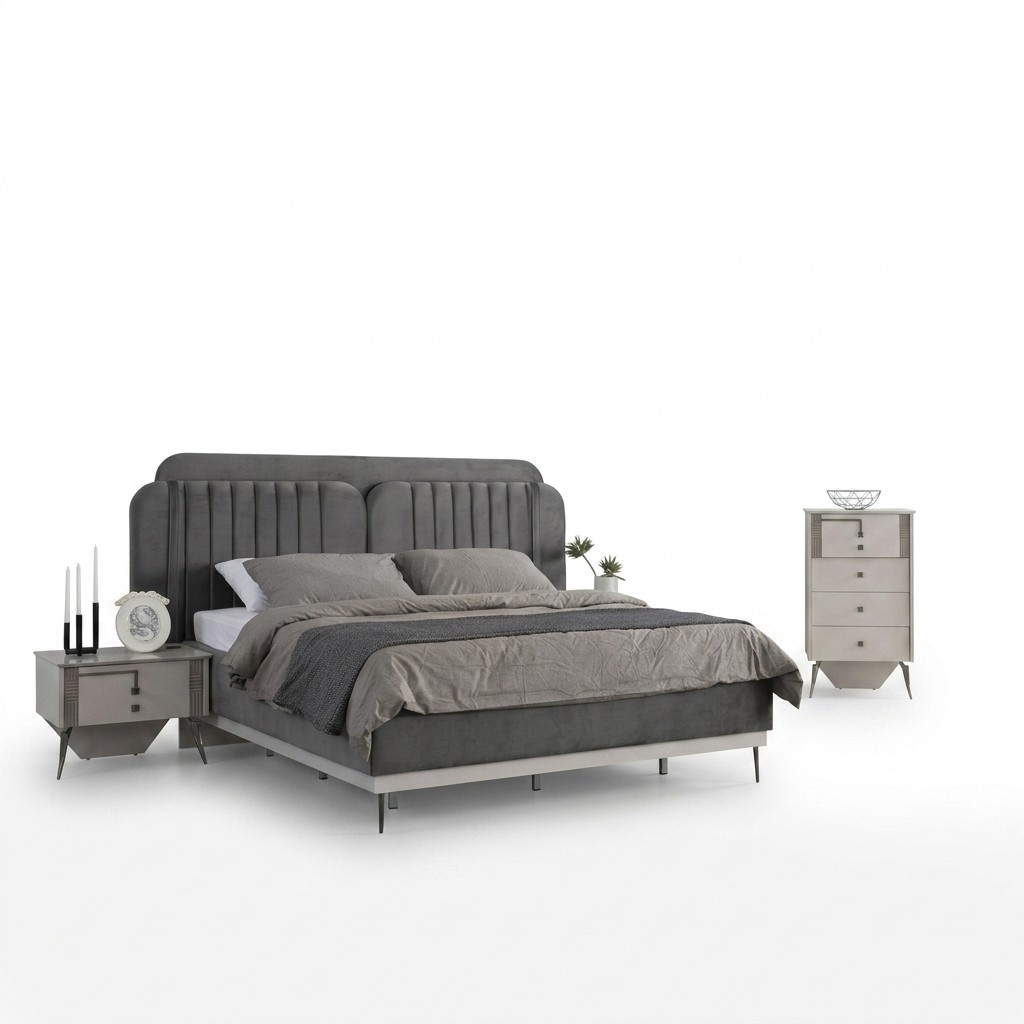 Bedroom Modern Set Grey Double Bed 2x Design Bedside Tables 3pcs