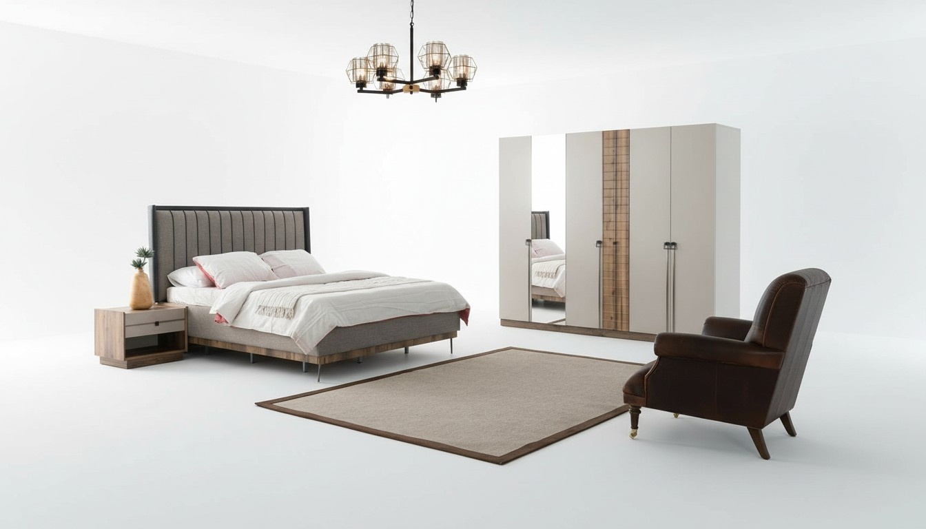 Bedroom Modern Set Textile Double Bed Wooden Wardrobe 4 Pieces