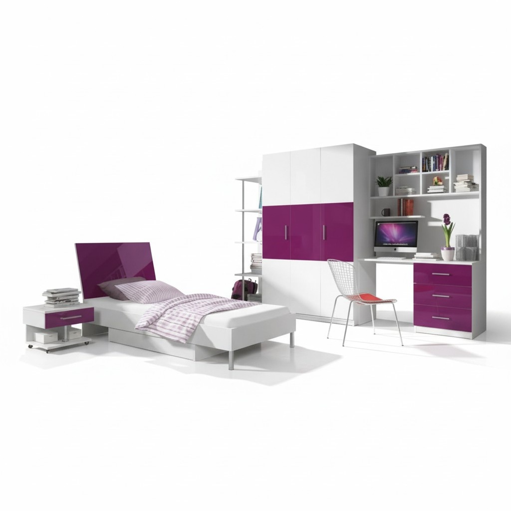 Bedroom purple bed 2x bedside table desk children\'s bed furniture set 5 pieces.